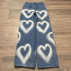 Adika Wide Straight Leg Printed Hearts Blue Jeans Size S